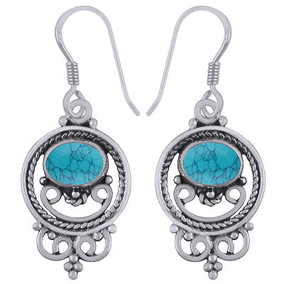 Gorgeous Twisted Wire And Rawa Work Around Turquoise Oval Shape 925 Sterling Solid Silver Dangle Earrings - R1501578-73