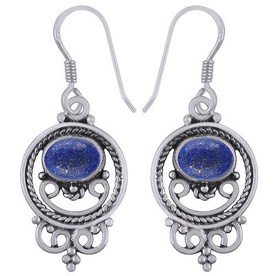 Gorgeous Twisted Wire And Rawa Work Around Lapis Oval Shape 925 Sterling Solid Silver Dangle Earrings - R1501578-76