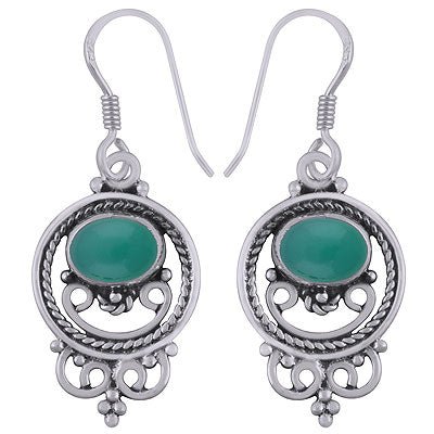 Gorgeous Twisted Wire And Rawa Work Around Green Onyx Oval Shape 925 Sterling Solid Silver Dangle Earrings - R1501578-78