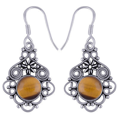 Authentic Handwork Around Tiger's Eye Round Shape 925 Sterling Solid Silver Earrings - R1501598-21