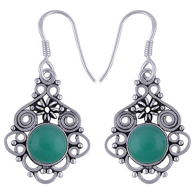 Authentic Handwork Around Green Onyx Round Shape 925 Sterling Solid Silver Earrings - R1501598-27