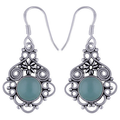 Authentic Handwork Around Aqua Chalcedony Round Shape 925 Sterling Solid Silver Earrings - R1501598-29