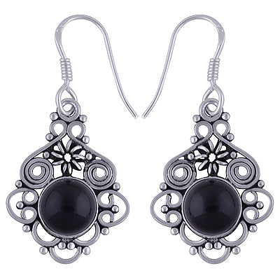 Authentic Handwork Around Black Onyx Round Shape 925 Sterling Solid Silver Earrings - R1501598-30