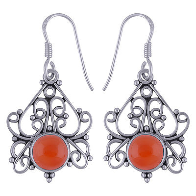 Authentic Handwork Around Carnelian Round Shape 925 Sterling Solid Silver Dangle Earrings - R1501599-24