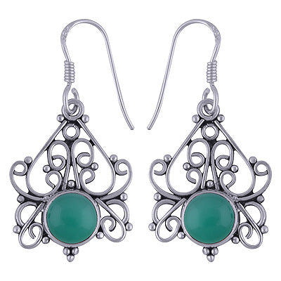 Authentic Handwork Around Green Onyx Round Shape 925 Sterling Solid Silver Dangle Earrings - R1501599-25