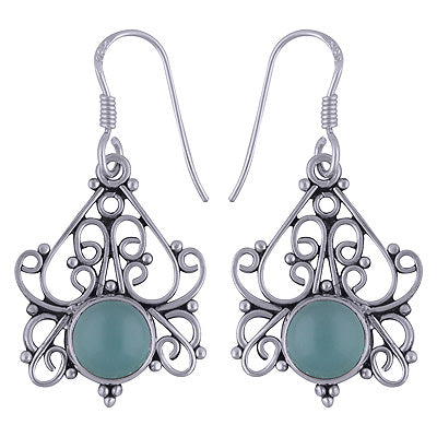 Authentic Handwork Around Aqua Chalcedony Round Shape 925 Sterling Solid Silver Dangle Earrings - R1501599-27