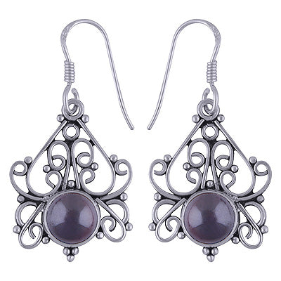 Authentic Handwork Around Garnet Round Shape 925 Sterling Solid Silver Dangle Earrings - R1501599-3