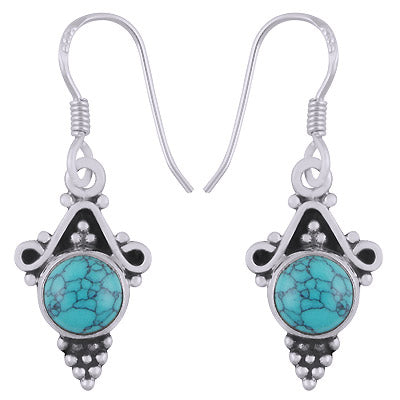 Stunning Rawa And Wire Work Around Turquoise Round Shape 925 Sterling Solid Silver Dangle Earrings - R1501643-73