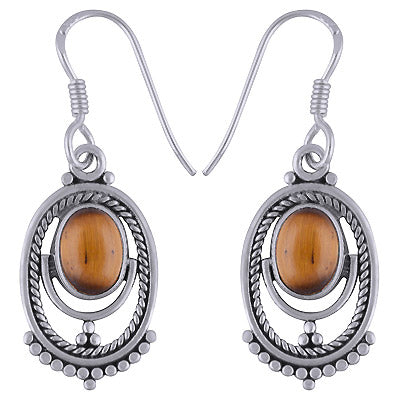 Gorgeous Rawa Pattern & Twisted Wire Around Tiger's Eye Oval Shape 925 Sterling Solid Silver Dangle Earrings - R1501714-39