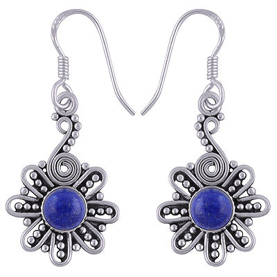 Handcrafted Flower Around Lapis Round Shape 925 Sterling Solid Silver Earrings - R1501718-19