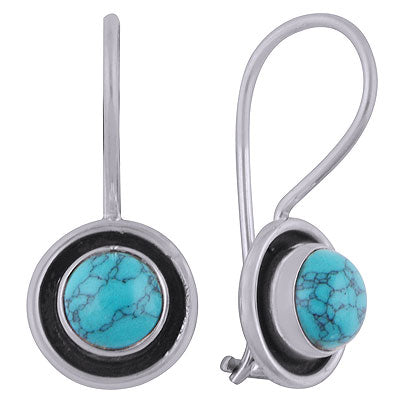 Beautiful Oxidised Work Around Turquoise Round Shape 925 Sterling Solid Silver Dangle Earrings - R1501822-43
