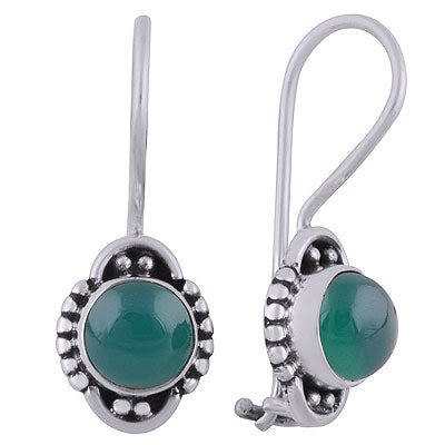 Alluring Oxidised Rawa Work Around Green Onyx Round Shape 925 Sterling Solid Silver Dangle Earrings - R1501823-12