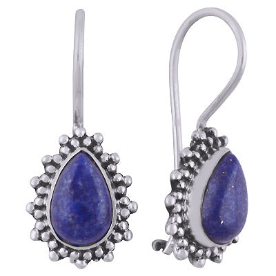 Alluring Rawa Work Pattern Lapis Pear Shape 925 Sterling Solid Silver Dangle Earrings - R1501825-6
