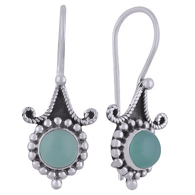 Alluring Rawa Work Pattern Around Aqua Chalcedony Round Shape 925 Sterling Solid Silver Dangle Earrings - R1501832-12