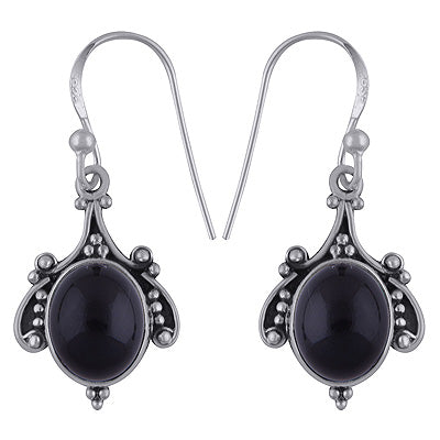 Handmade Work Around Black Onyx Oval Shape 925 Sterling Solid Silver Dangle Earrings - R1501867-2