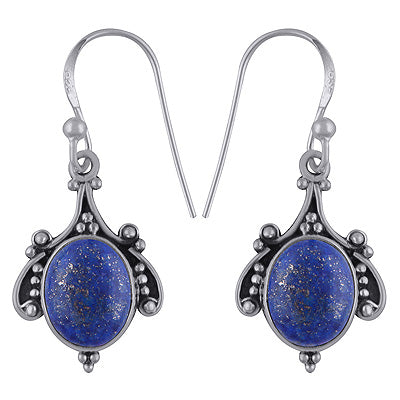 Handmade Work Around Lapis Oval Shape 925 Sterling Solid Silver Dangle Earrings - R1501867-7