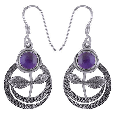 Beautiful Texture work Around Amethyst Round Shape 925 Sterling Solid Silver Dangle Earrings - R1501890-1