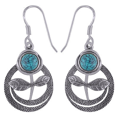 Beautiful Texture work Around Turquoise Round Shape 925 Sterling Solid Silver Dangle Earrings - R1501890-3