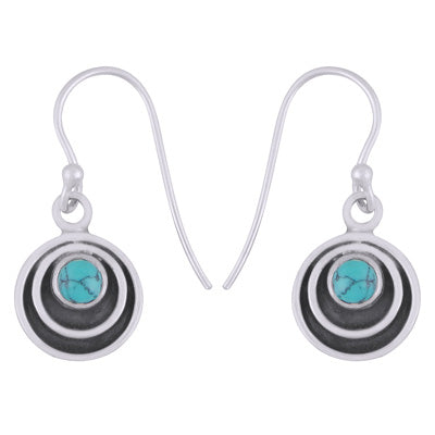 Beautiful Concentric Circle Around Turquoise Round Shape 925 Sterling Solid Silver Dangle Earrings - R1501928-53