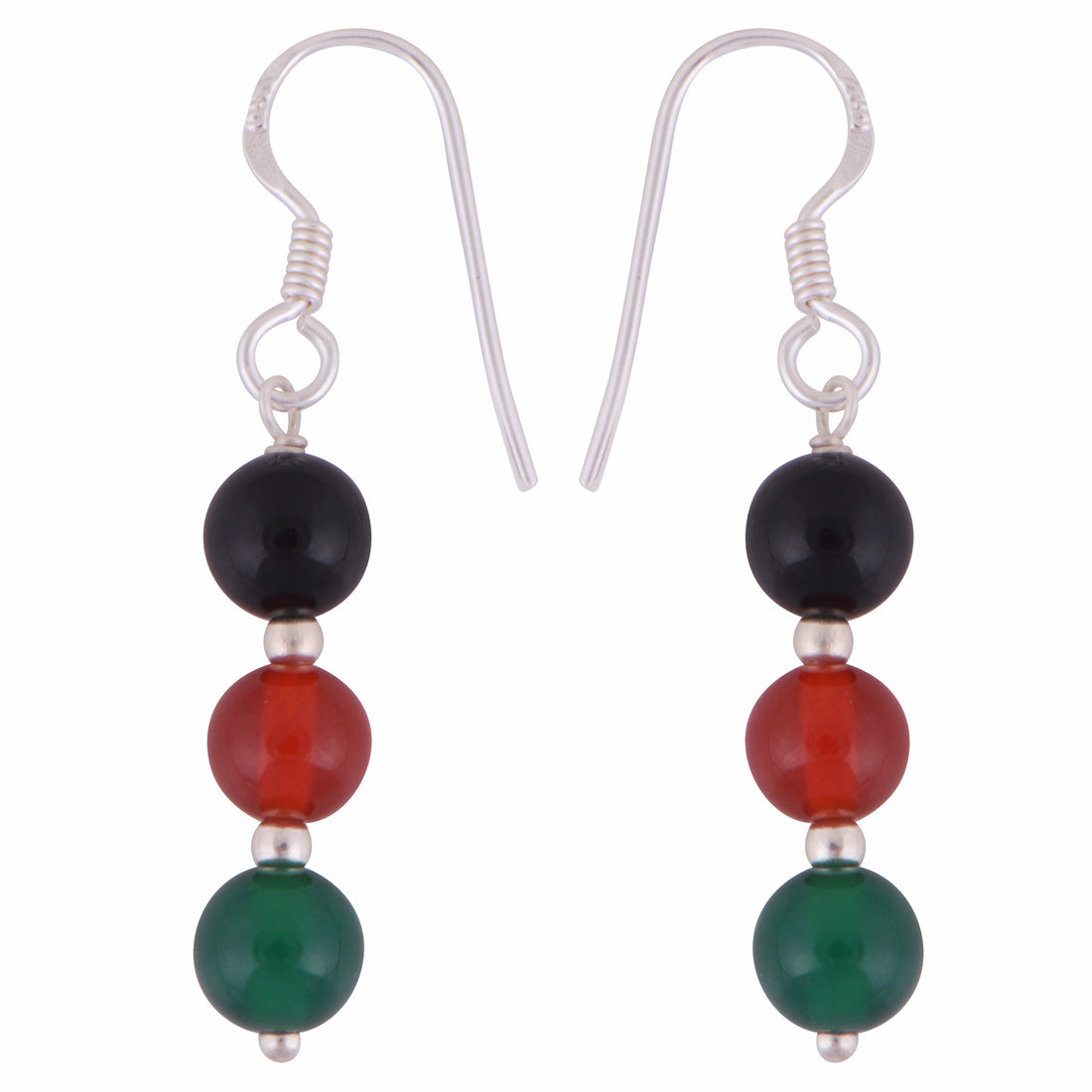 Beautiful Multiple Gemstone Beads Black Onyx,Carnelian,Green Onyx Round Shape 925 Sterling Solid Silver Dangle Earrings - R1501966-68