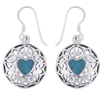 Alluring Handcrafted Work Around Turquoise Heart Shape 925 Sterling Solid Silver Dangle Earrings - R1501971-1