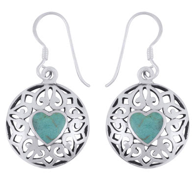 Alluring Handcrafted Work Around Turquoise Heart Shape 925 Sterling Solid Silver Dangle Earrings - R1501971-2