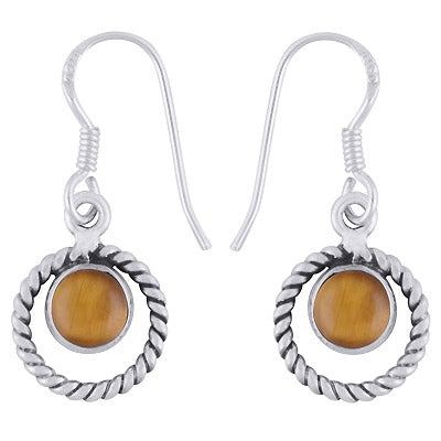 Alluring Twisted Wire Work Around Tiger's Eye Round Shape 925 Sterling Solid Silver Dangle Earrings - R1501974-11
