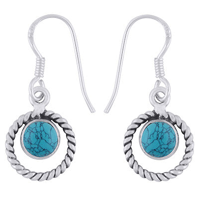 Alluring Twisted Wire Work Around Turquoise Round Shape 925 Sterling Solid Silver Dangle Earrings - R1501974-3