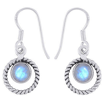 Alluring Twisted Wire Work Around Rainbow Moonstone Round Shape 925 Sterling Solid Silver Dangle Earrings - R1501974-4