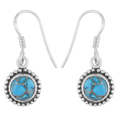 Stunning Rawa Work Around Blue Copper Turquoise Round Shape 925 Sterling Solid Silver Dangle Earrings - R1501978-2