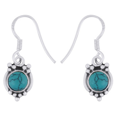 Gorgeous Rawa Work Pattern Around Turquoise Round Shape 925 Sterling Solid Silver Dangle Earrings - R1501983-3