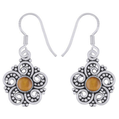 Alluring Flower Work Around Tiger's Eye Round Shape 925 Sterling Solid Silver Dangle Earrings - R1501984-11