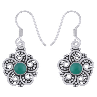 Alluring Flower Work Around Green Onyx Round Shape 925 Sterling Solid Silver Dangle Earrings - R1501984-8