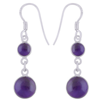 Beautiful Two Stone Bezel Amethyst Round Shape 925 Sterling Solid Silver Dangle Earrings - R1501991-1