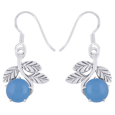 Gorgeous Handcrafted stem w/Leaves Around Blue Chalcedony Round Shape 925 Sterling Solid Silver Dangle Earrings - R1501995-9