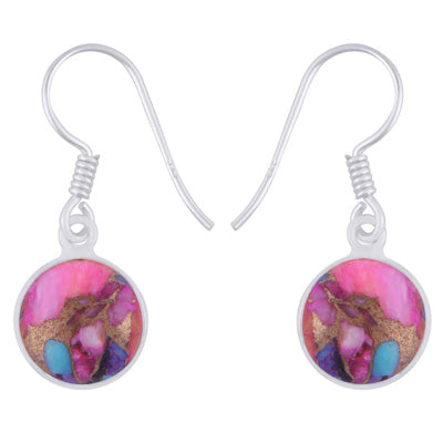 Stunning Bezel Gemstone Pink Dahlia Copper Turquoise Round Shape 925 Sterling Solid Silver Dangle Earrings - R1502002-3