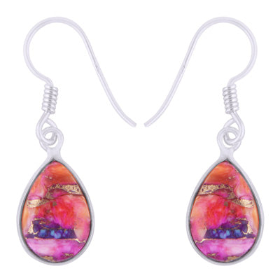 Stunning Bezel Gemstone Pink Dahlia Copper Turquoise Pear Shape 925 Sterling Solid Silver Dangle Earrings - R1502002-9