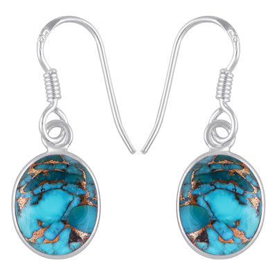 Alluring Plain Bezel Blue Copper Turquoise Oval Shape 925 Sterling Solid Silver Dangle Earrings - R1502010-1