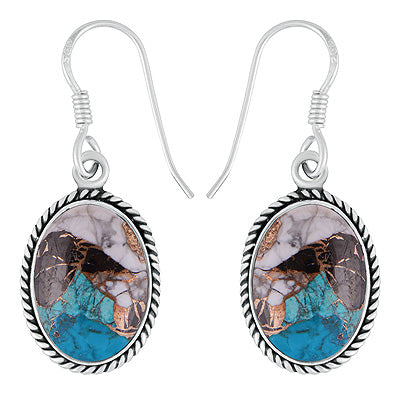 Beautiful Twisted Wire Work Around Oyster Copper Turquoise Oval Shape 925 Sterling Solid Silver Dangle Earrings - R1502031-11