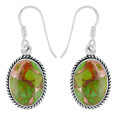 Beautiful Twisted Wire Work Around Green Copper Turquoise Oval Shape 925 Sterling Solid Silver Dangle Earrings - R1502031-13