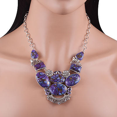 Alluring Handcrafted Work Around Huge Gemstones Amethyst,Purple Copper Turquoise Irregular Shape 925 Sterling Solid Silver Necklace - main product photo (R1900058-4)
