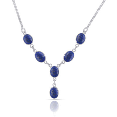 Alluring Six Gemstones Lapis Oval Shape 925 Sterling Solid Silver Necklace - R1900154-106