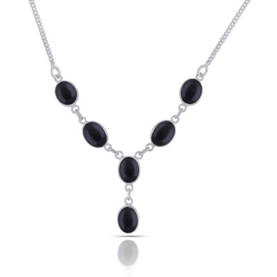 Alluring Six Gemstones Black Onyx Oval Shape 925 Sterling Solid Silver Necklace - R1900154-114
