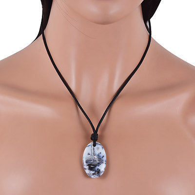 Magnificent Gemstone Dendritic Agate Oval Shape with Black Cotton Cord Pendant Necklace - R1900221-12