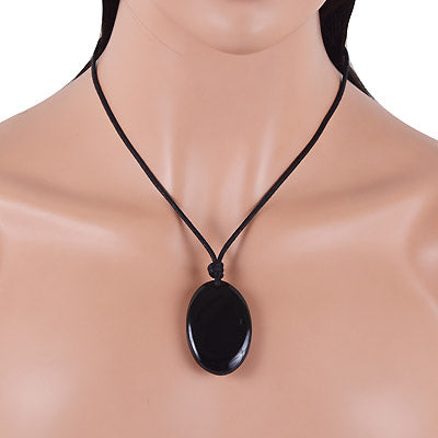 Magnificent Gemstone Black Onyx Oval Shape with Black Cotton Cord Pendant Necklace - R1900221-18
