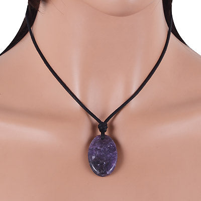 Magnificent Gemstone Lepidolite Oval Shape with Black Cotton Cord Pendant Necklace - R1900223-14