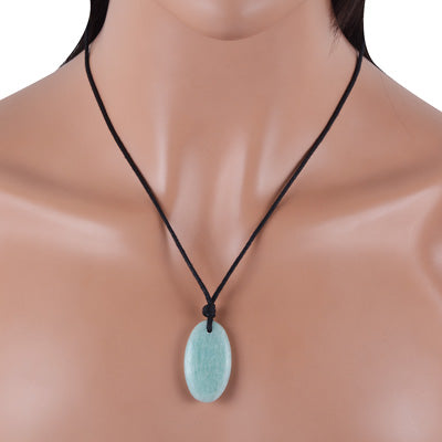Magnificent Gemstone Amazonite Oval Shape Black Cotton Cord Pendant Necklace - R1900227-6