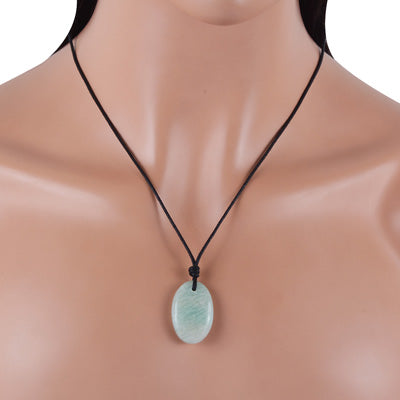 Magnificent Gemstone Amazonite Oval Shape Black Cotton Cord Pendant Necklace - R1900227-9