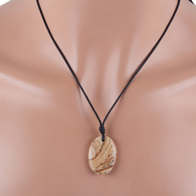 Magnificent Gemstone Picture Jasper Oval Shape Black Cotton Cord Pendant Necklace - R1900228-5