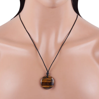 Magnificent Gemstone Tiger's Eye Round Shape Black Cotton Cord Pendant Necklace - R1900231-3
